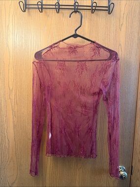 Sheer Lace Long-Sleeve Top - Burgundy